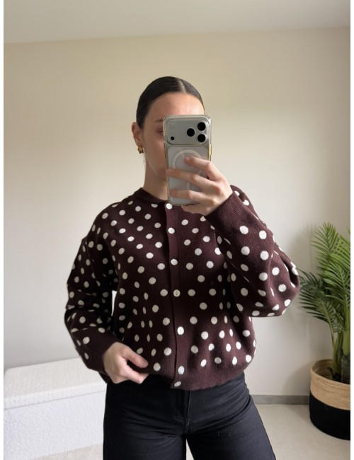 Cardigan marron à pois blancs