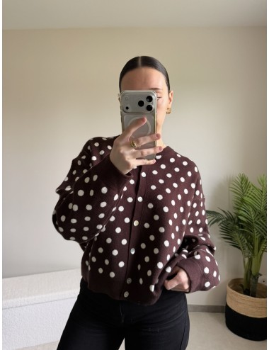 Cardigan marron à pois blancs