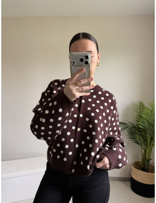 Cardigan marron à pois blancs