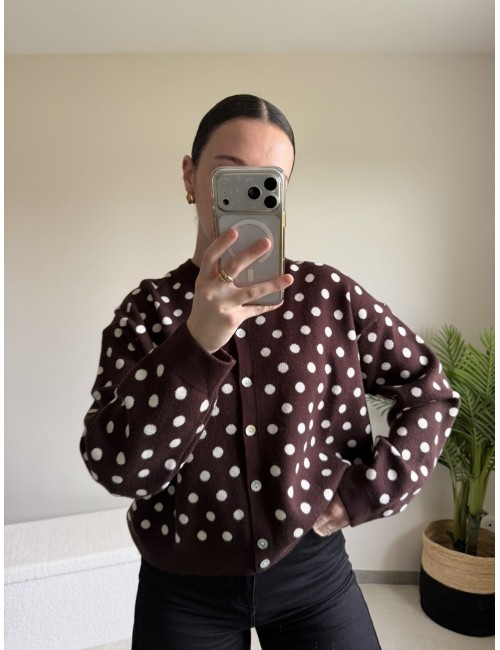 Cardigan marron à pois blancs