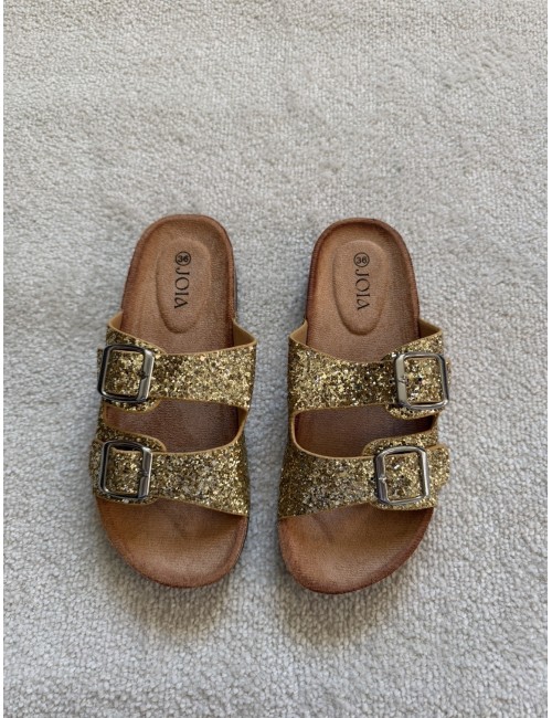 Mules plates dorées à paillettes