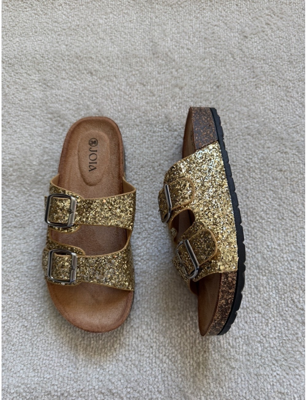 Mules plates dorées à paillettes