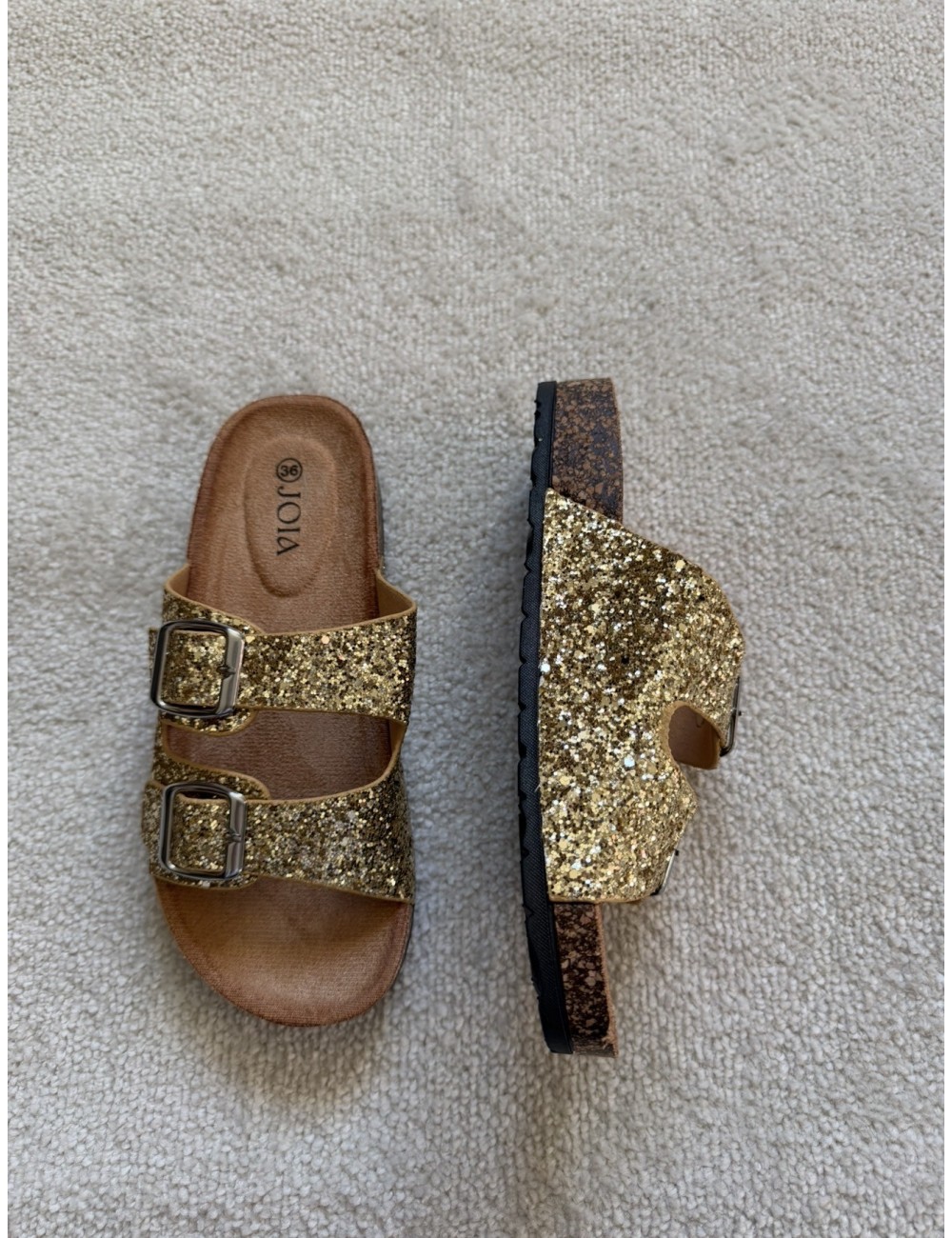 Mules plates dorées à paillettes