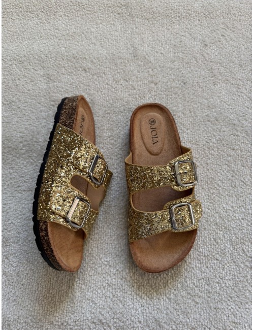 Mules plates dorées à paillettes
