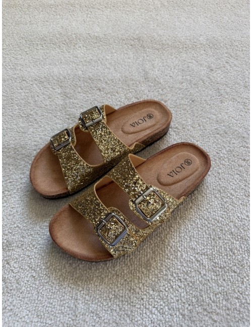 Mules plates dorées à paillettes