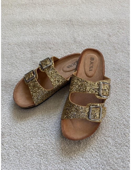 Mules plates dorées à paillettes