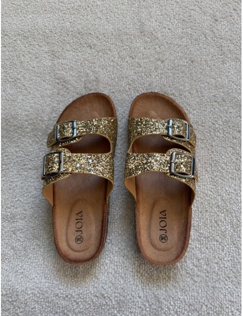 Mules plates dorées à paillettes