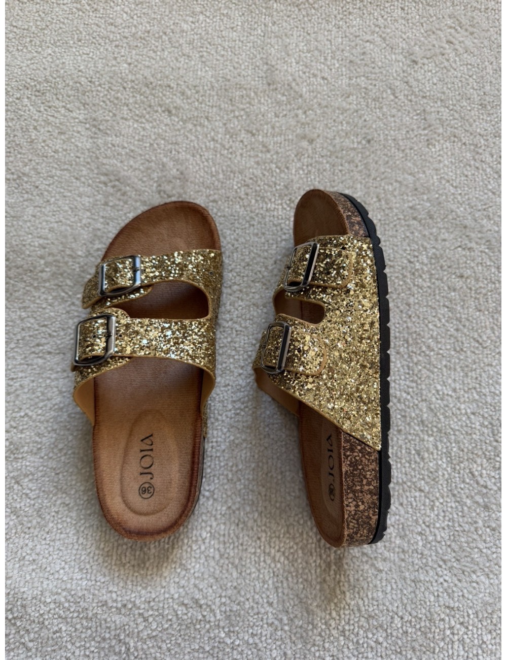 Mules plates dorées à paillettes