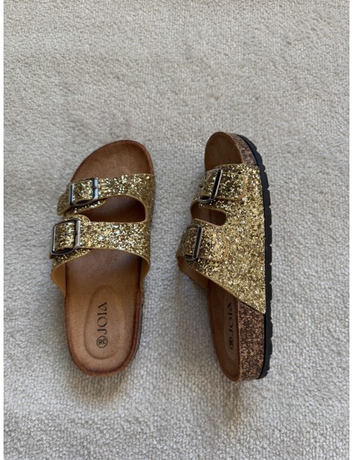 Mules plates dorées à paillettes