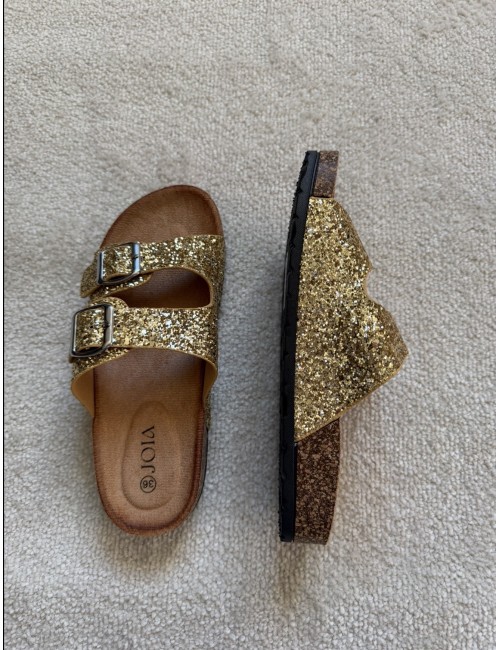 Mules plates dorées à paillettes