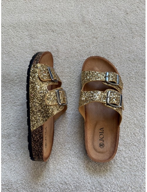Mules plates dorées à paillettes