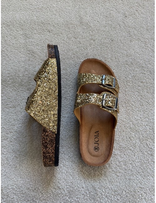 Mules plates dorées à paillettes